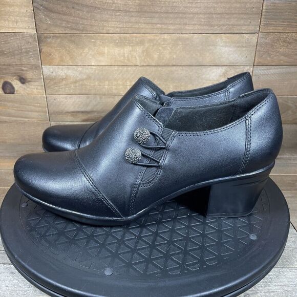 Clarks Shoes Women’s 8 M Emslie Warren Black Leather Block Heel Slip On Zip EUC - Picture 3 of 10